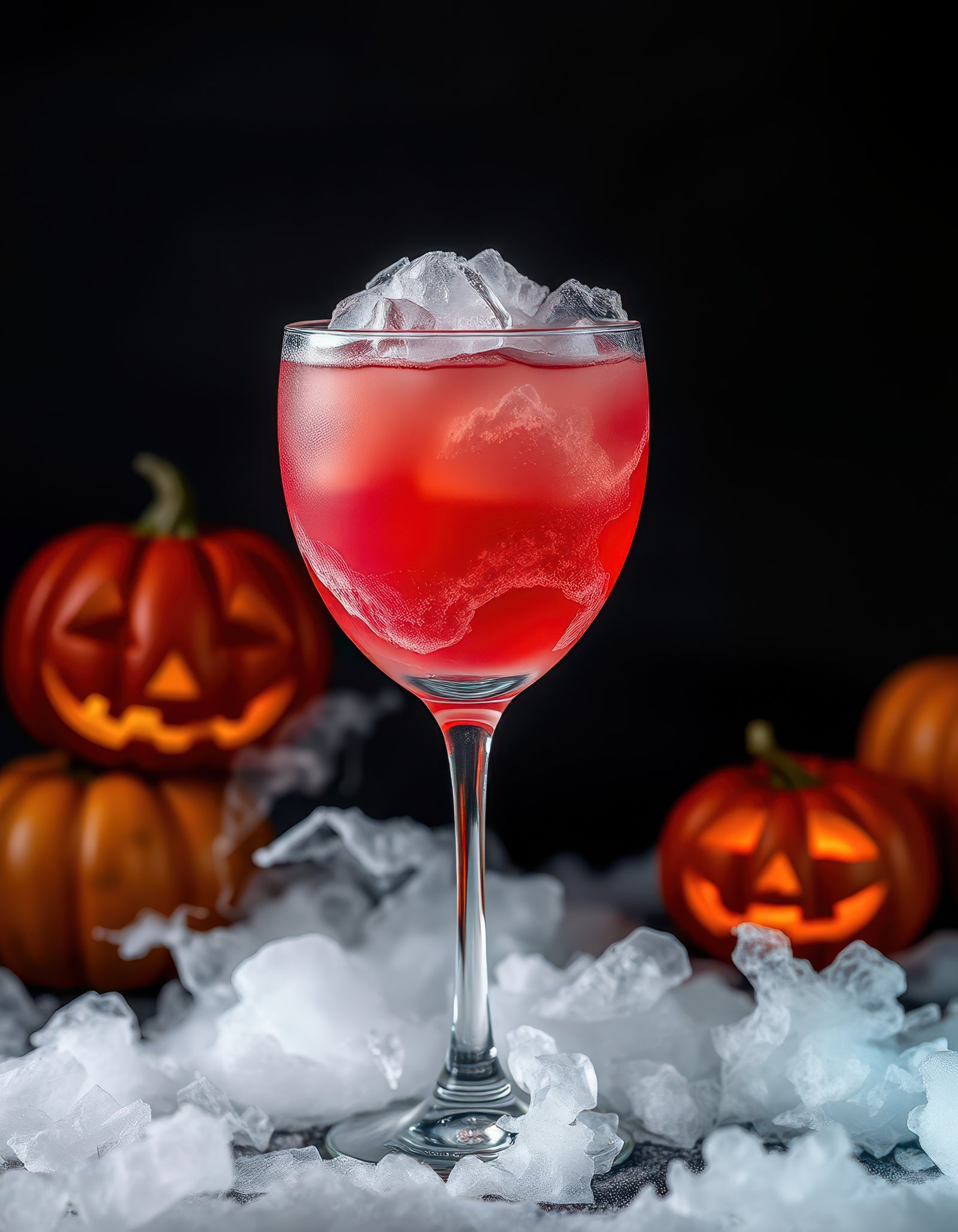 A spooky red cocktail sits on a bed of ice with Jack-o'-lanterns in the background